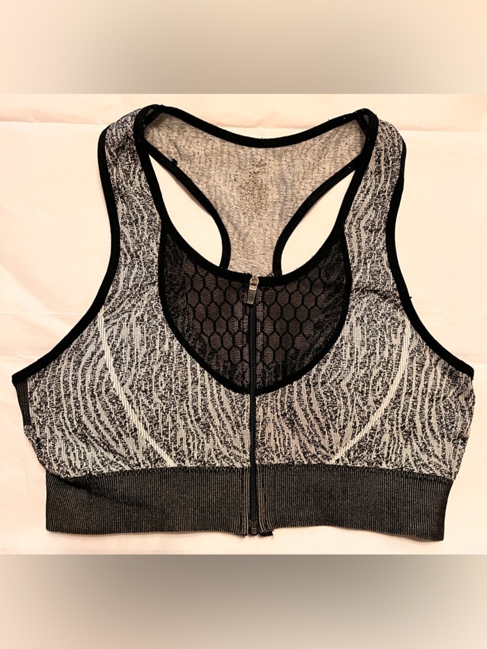 Zip-Front Black & White Racerback Sports Bra